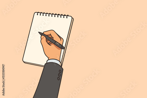 Business Hand Writing Notes on Blank Notepad. Professional Male Arm in Suit Jacket, Pen in Hand, Taking Important Information. Vector Cartoon Illustration with Copy Space on Pastel Background.