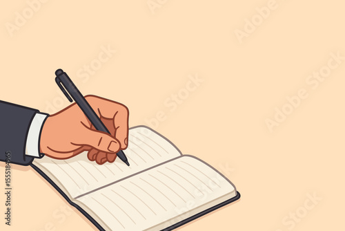 Hand writing notes in a notebook with a pen on a soft pastel background, perfect for adding text. Business, education, cartoon illustration.