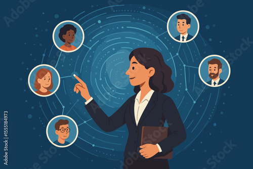 Professional businesswoman connecting in a global network, abstract digital social circle concept. Team collaboration, online communication and community. Vector cartoon illustration.