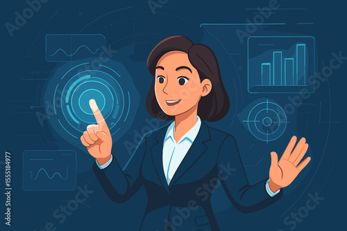 Professional businesswoman interacting with futuristic virtual reality interface screen. Business, technology, innovation, and data management concept vector illustration.