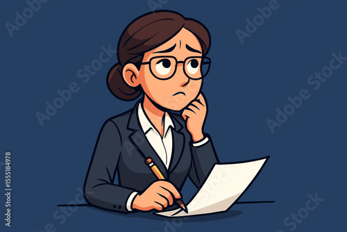 Stressed businesswoman with a pensive expression writing notes on paper. Worried female employee thinking about a problem. Concept of anxiety, burnout, deadline, and concentration.