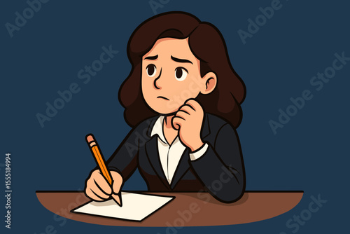 Pensive businesswoman writing at desk, looking thoughtful and worried. Cartoon vector illustration. Concept for stress, anxiety, writer's block, decision-making, problem-solving.