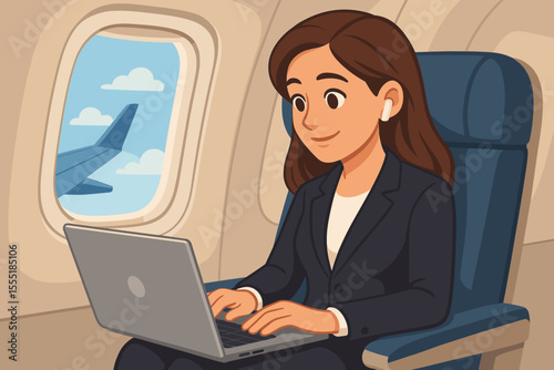 Businesswoman using laptop on airplane, working remotely during flight, business travel productivity, professional woman with wireless earbuds, in-flight workspace, modern travel technology