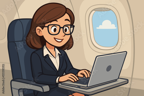 Businesswoman working on laptop during airplane flight, business travel productivity, remote work, corporate professional using computer, in-flight workspace, cartoon vector illustration, window seat