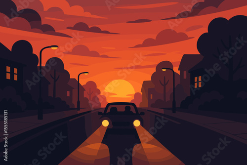 Car driving through suburban street at dusk with headlights illuminating road, warm orange sunset sky, glowing clouds, silhouettes of houses, trees, street lamps, peaceful evening vector illustration