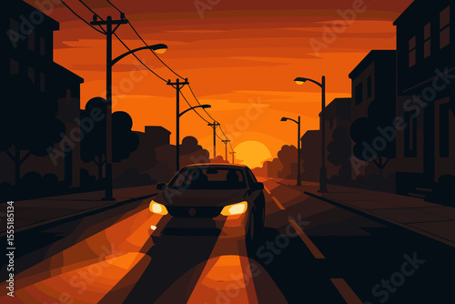 Car headlights shining on empty city street at dusk, warm orange sunset in background, urban evening scene, silhouette buildings, glowing streetlights, vector cartoon illustration, dramatic lighting