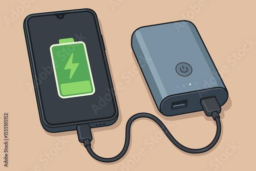 Modern smartphone charging with portable power bank. Vector illustration of mobile device connected to external battery charger via USB cable. Portable energy, emergency charging concept
