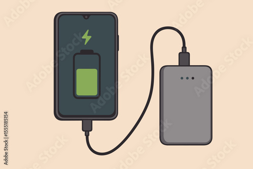 Modern smartphone charging with portable power bank. Vector illustration of mobile device battery recharge, USB cable connection, external battery pack, energy supply, technology concept