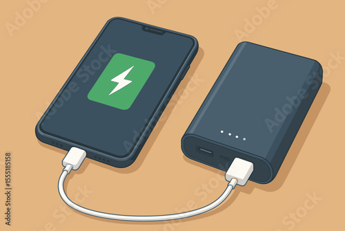 Modern smartphone charging with portable power bank battery charger, USB cable connection, mobile device energy supply, cartoon vector illustration, technology concept, no text, wood table