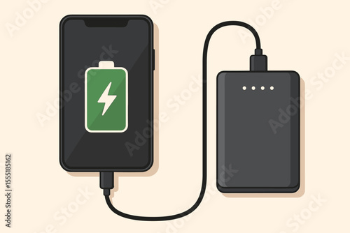 Modern smartphone charging with portable power bank, battery icon, USB cable connection, external charger, mobile device energy, flat vector illustration, technology concept