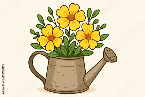 Bright Yellow Flowers in Rustic Watering Can. Cute Cartoon Floral Arrangement. Spring Garden Decor. Hand Drawn Vector Illustration. Botanical Clipart for Invitations, Greeting Cards, Posters