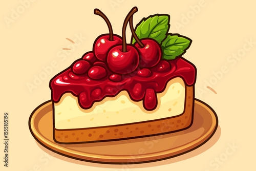 Delicious cherry cheesecake slice with vibrant cherry topping, fresh whole cherries, mint leaves, creamy filling, golden crust. Cartoon vector dessert illustration, bakery, sweet food concept