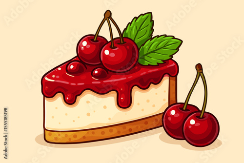 Delicious cherry cheesecake slice with fresh cherries, mint leaves, creamy filling, cookie crust, and vibrant red topping. Sweet dessert vector cartoon illustration for bakery, pastry, and food design