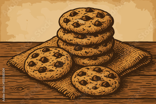 Vintage style chocolate chip cookies illustration. Hand drawn stack and scattered cookies on burlap sack over rustic wooden table. Retro bakery dessert vector. Classic snack food concept.