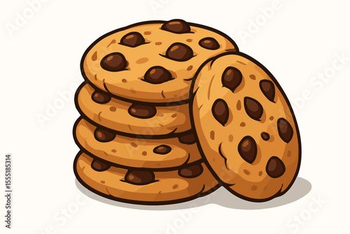 Delicious chocolate chip cookies stack. Vector cartoon illustration. Crispy homemade biscuits with chocolate chips. Sweet dessert snack. Bakery pastry food isolated on white background. No text.