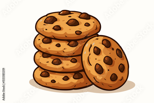 Delicious chocolate chip cookies stack. Cartoon vector illustration of homemade dessert biscuits with chocolate chunks, stacked and isolated on white background with soft shadows. Bakery snack concept