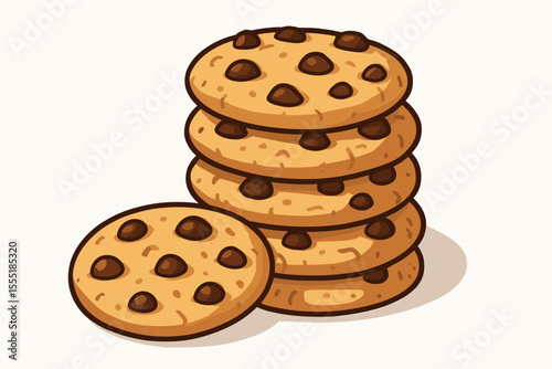 Delicious chocolate chip cookies stack. Cartoon vector illustration of homemade bakery dessert. Crispy cookie pile with chocolate chips on white background. Tasty snack food concept, no text