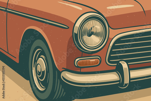 Retro vintage car front closeup illustration. Classic automobile headlight, bumper, wheel, and grill in cartoon vector style with grain texture. Nostalgic transportation, old vehicle, retro design art