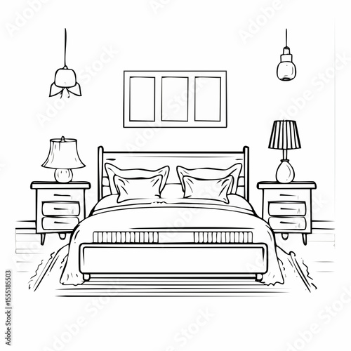 Bedroom Interior With Bed Nightstand And Lamp Image Vector isolated on white background.