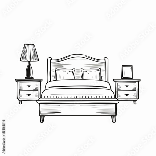 Bedroom Interior With Bed Nightstand And Lamp Image Vector isolated on white background.