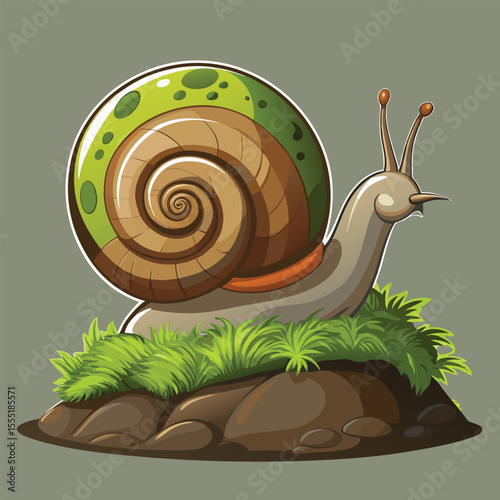 A cute cartoon snail with a spiral shell slowly moves across a green leaf, symbolizing nature's small wonders