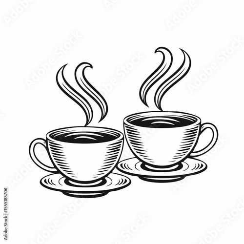Two Cups Of Hot Steaming Coffee Image Vector Isolated on white background.