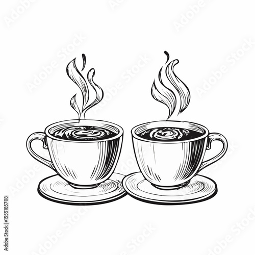 Two Cups Of Hot Steaming Coffee Image Vector Isolated on white background.