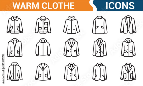Collection of winter jacket and outerwear icons for use in fashion design and clothing brand projects.