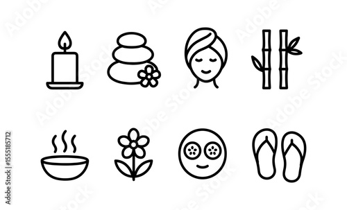 Minimalist spa and relaxation outline icons including candle, stones, face, and bamboo