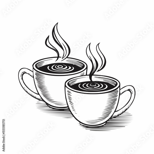 Two Cups Of Hot Steaming Coffee Image Vector Isolated on white background.