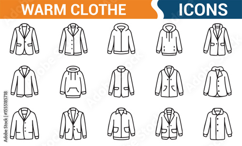 Collection of winter jacket and outerwear icons for use in fashion design and clothing brand projects.