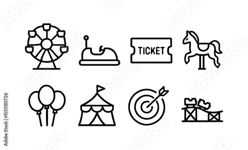 Outline icons of amusement park attractions and activities for fun and entertainment