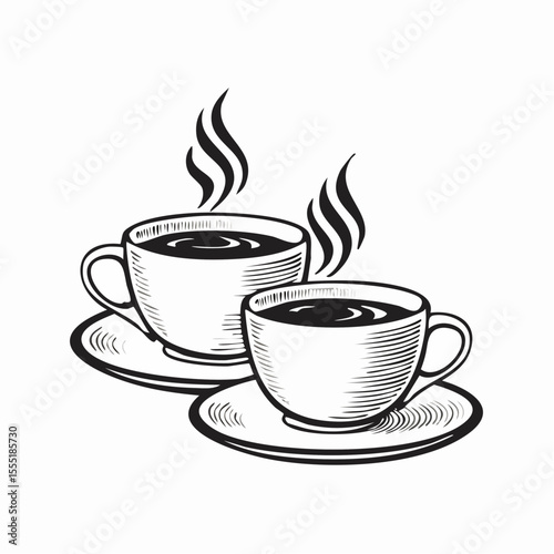 Two Cups Of Hot Steaming Coffee Image Vector Isolated on white background.