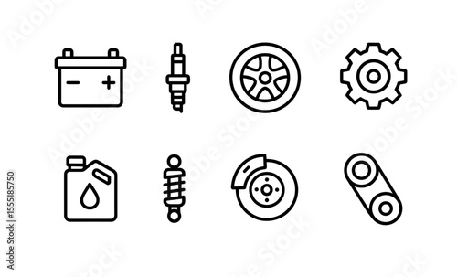 Car maintenance icons: battery, spark plug, tire, gear, oil, shock absorber, brake disc, belt