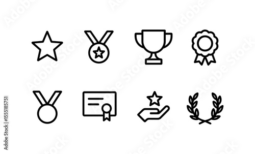 Award and achievement icons: medals, trophies, and laurels in simple line art