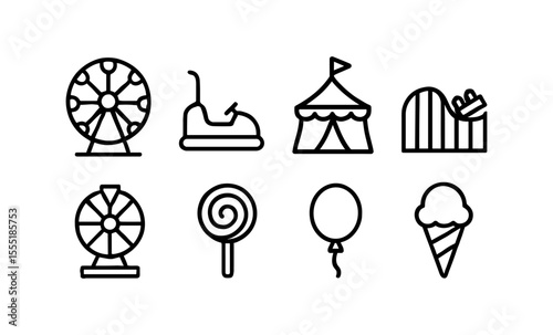 Black outline icon set of amusement park rides and treats