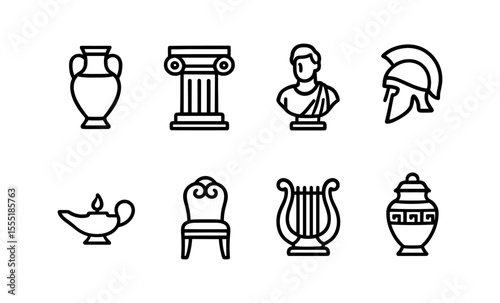 Ancient greek icon set featuring vase, column, bust, helmet, lamp, chair, lyre, and urn in line art