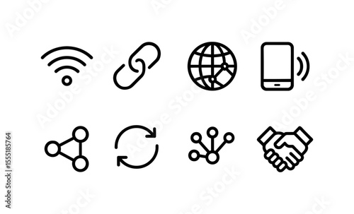 Digital connectivity icons: wifi, link, globe, mobile, share, sync, network, handshake
