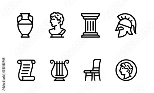 Outline icons of ancient greek artifacts: vase, bust, column, helmet, scroll, lyre, chair, coin