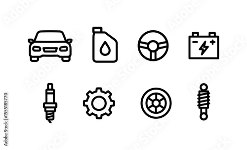 Essential car maintenance icons: engine, steering, battery, oil, spark plug, gear, tire, suspension