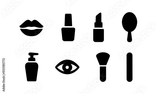 Cosmetic icons set: lipstick, nail polish, mirror, eye, lotion, brush, emery board