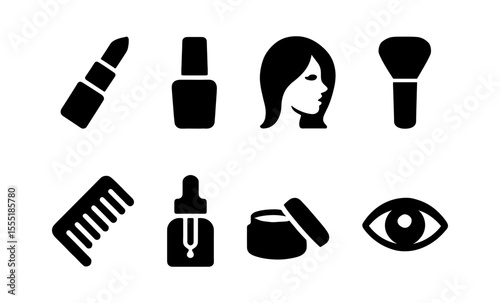 Set of beauty icons: makeup, skincare, and hair care essentials in black and white