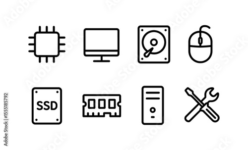 Minimalist technology icons: computer, hardware, ssd, and repair tools