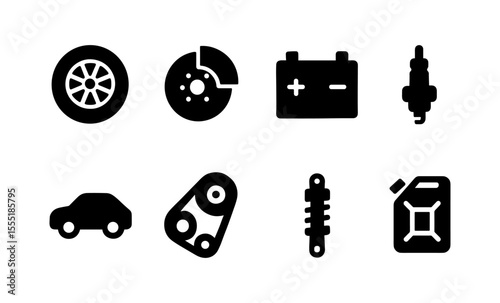 Essential car maintenance icons: tire, battery, spark plug, and more for automotive services