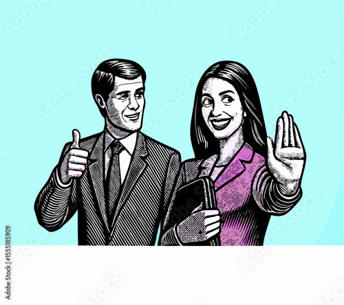 Businesswoman and businessman, thumbs up and stop hand gesture