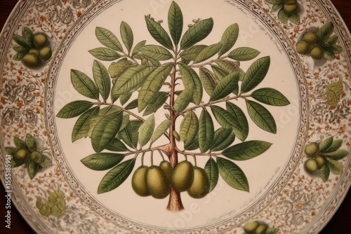 Intricate botanical plate of Mangifera indica, realistic leaves and fruits, antique style, 18th-century naturalist art, symmetrical layout