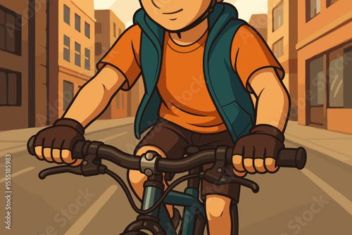 Close up of young cyclist riding bike on urban street, hands gripping handlebars, active lifestyle, cartoon vector illustration, city background, outdoor transportation, healthy activity concept