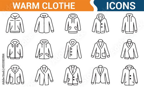 Set of icons for warm clothing, including jackets, coats, and winter outfits for fashion and apparel industry use.