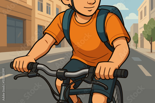 Young cyclist riding bicycle on city street, close-up of hands on handlebars, wearing helmet and backpack, urban commute, healthy lifestyle, cartoon vector illustration, outdoor activity concept