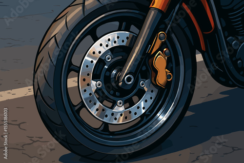Detailed vector illustration of motorcycle front wheel with shiny disc brake, black alloy rim, golden caliper, and tire tread on asphalt road. Modern motorbike part closeup, transportation concept